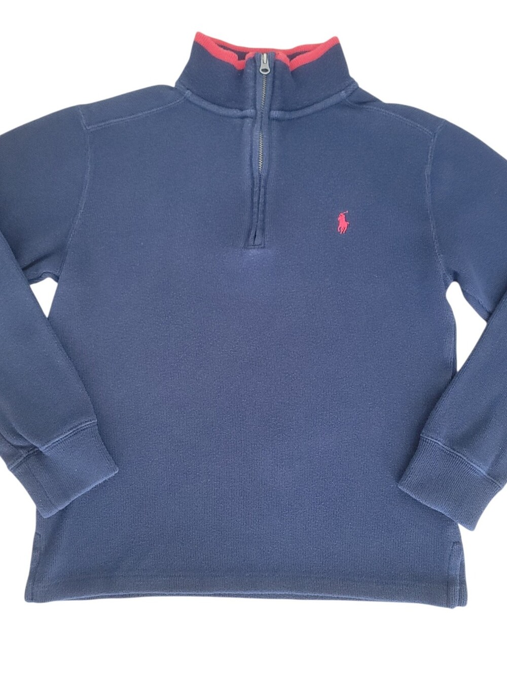 Polo Ralph Lauren Boys Blue 1/4 Zip Sweater Pullover Sz M (10-12) Navy Red Pony